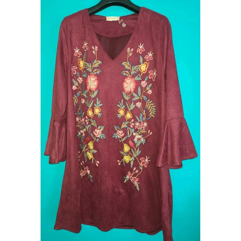Altar'd State Womens Sz M Burgundy Floral Embroidered Long Sleeve Dress Tunic